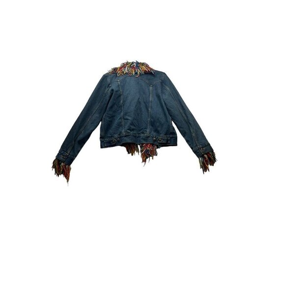 Amano Womens M Blue Denim Multicolor Wool Shag Trim Gloves Jean Jacket - Picture 2 of 11